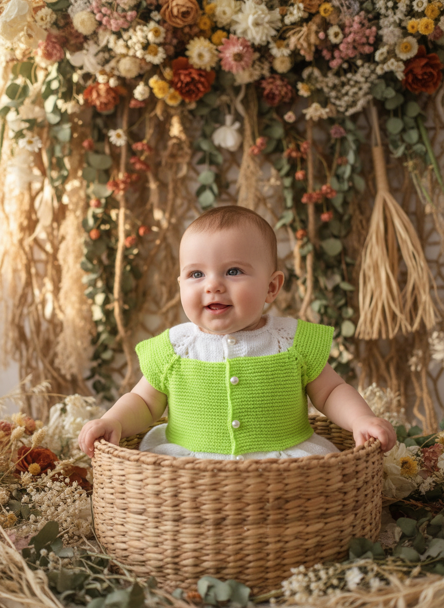 Hero shot - baby in low basket with bohemian florals